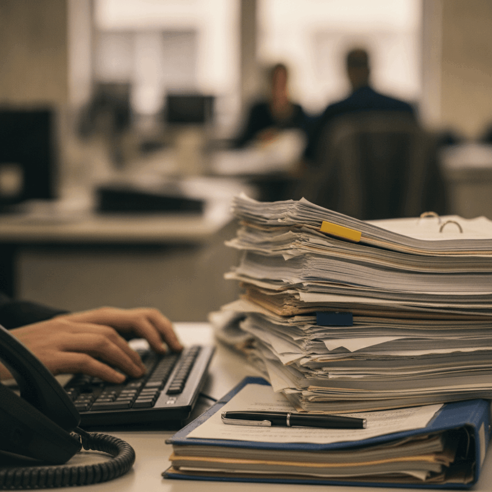 Employé ADV au bureau traitant des documents papier et commandes en période de pic d'activité