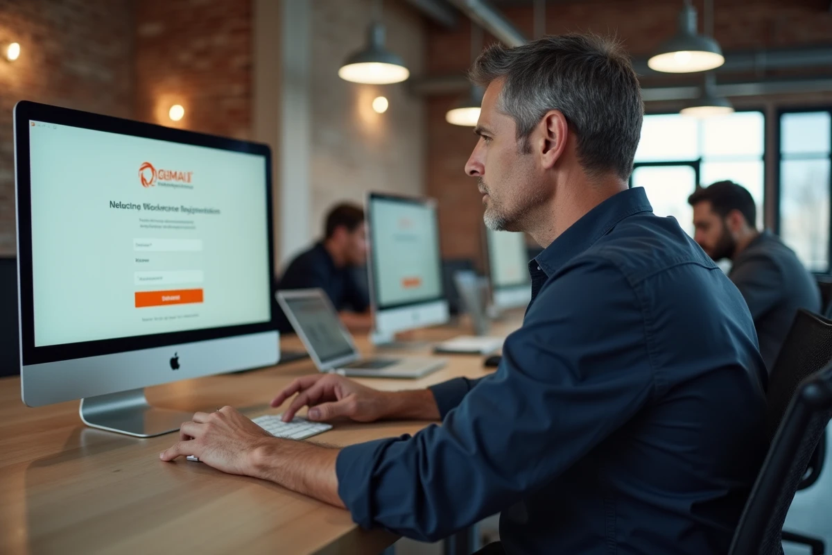 Homme activant son compte de gestion des droits musicaux sur un grand écran dans un espace de coworking