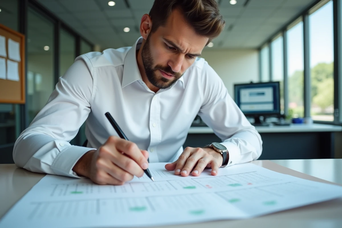 Administrateur universitaire consultant le calendrier académique des inscriptions dans un bureau moderne