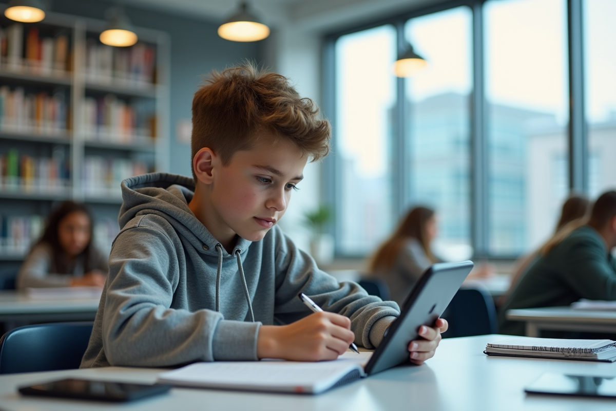 Adolescent étudiant avec tablette et carnet dans une bibliothèque