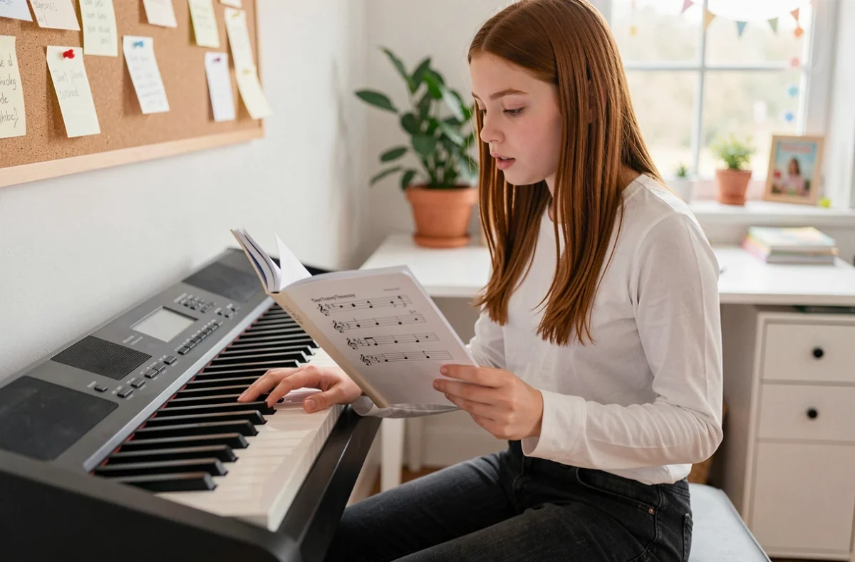 Adolescente pianiste consultant un cahier d'exercices de clef de FA devant un piano numérique dans sa chambre