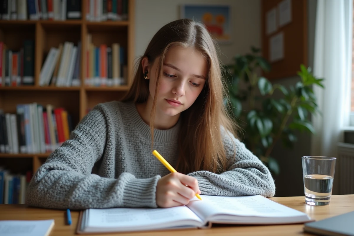 Adolescente révisant les temps de l'indicatif dans un cahier de grammaire française posé sur un bureau en bois
