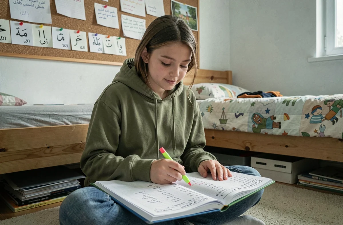 Adolescente révisant le vocabulaire arabe dans sa chambre avec un cahier d'exercices et des fiches alphabet au mur