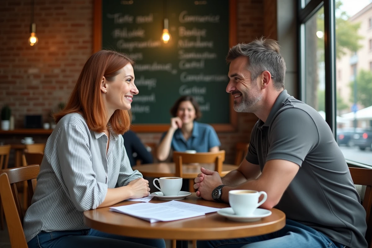 Deux adultes pratiquant la conjugaison espagnole à l'imparfait ensemble dans un café urbain