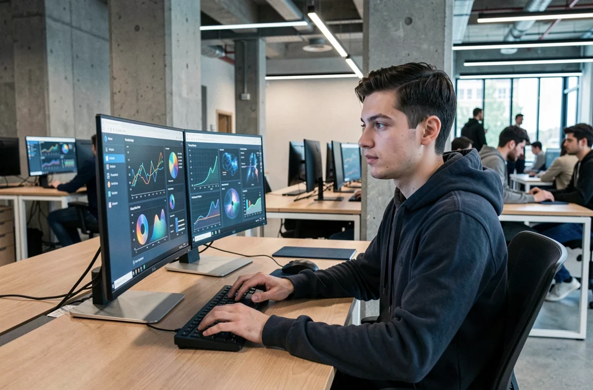 Étudiant travaillant sur un projet d'intelligence artificielle à Aivancity, campus Paris-Villejuif