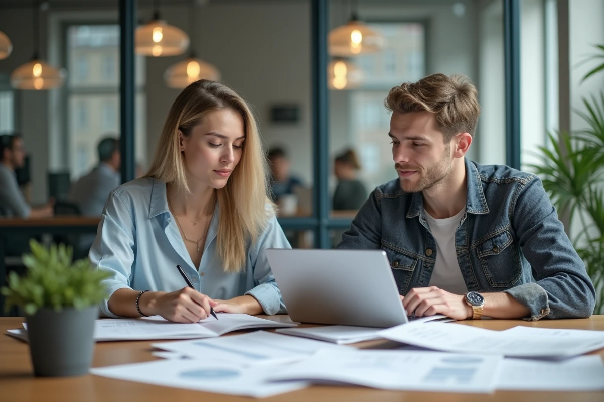 Deux jeunes alternants collaborant sur un projet créatif avec un ordinateur portable et des portfolios imprimés dans une salle de réunion d'entreprise parisienne