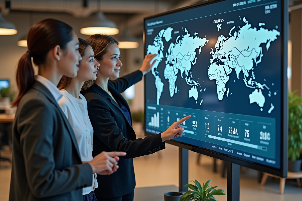 Groupe d analystes discutant des métriques ESG en open space