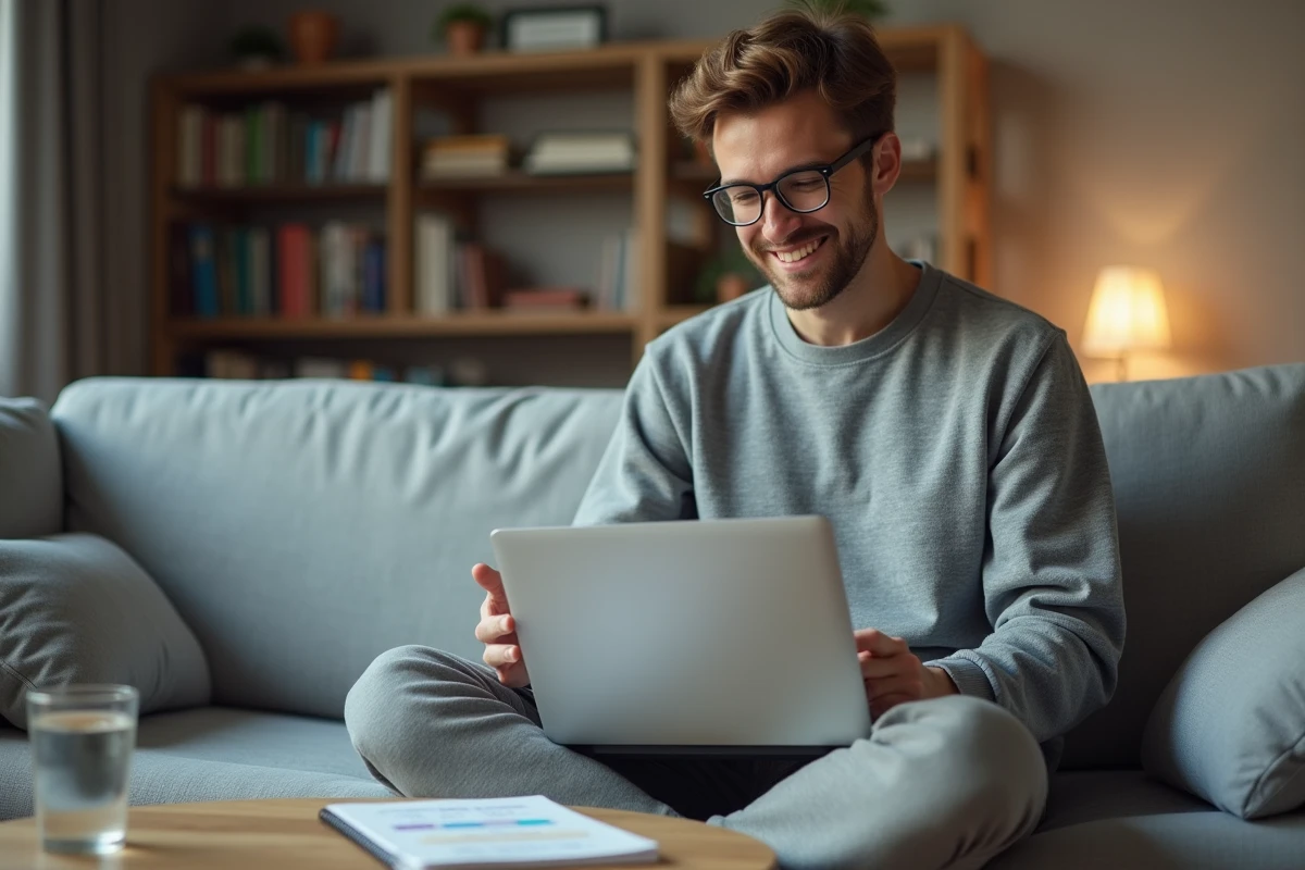 Jeune homme francophone apprenant le subjonctif imparfait espagnol sur un ordinateur portable avec un cahier de conjugaisons à la maison