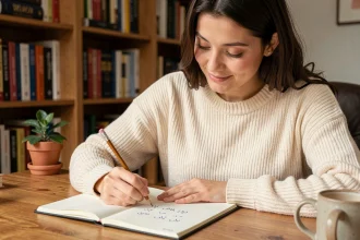 Jeune femme apprenant à écrire l'arabe dans un cahier à son bureau de maison, atmosphère studieuse et détendue