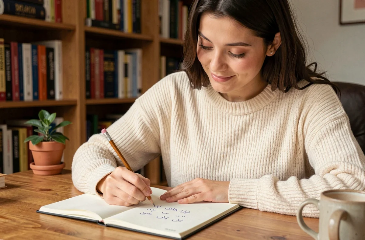 Jeune femme apprenant à écrire l'arabe dans un cahier à son bureau de maison, atmosphère studieuse et détendue