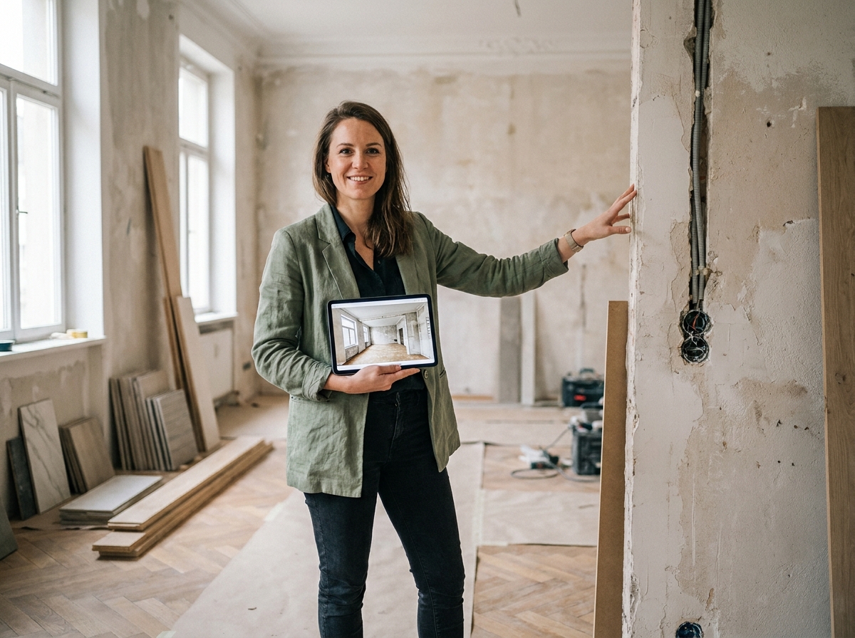 Architecte d'intérieur en formation supervisant la rénovation d'un appartement avec une tablette 3D