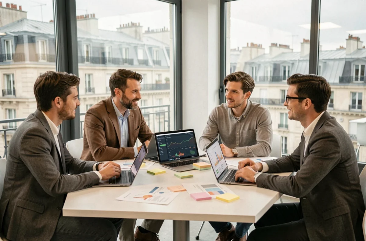 Atelier en petit groupe lors d'une formation marketing digital à Paris avec professionnels autour d'une table de travail