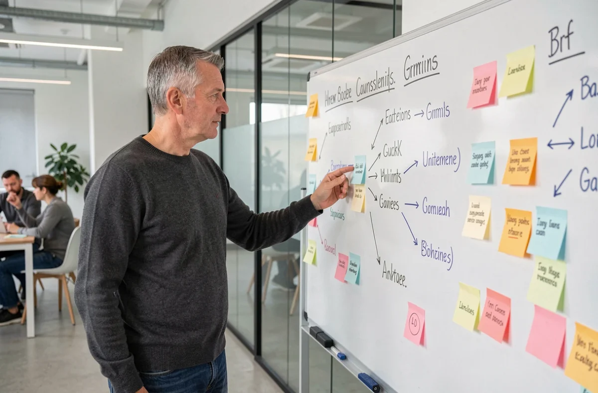 Homme en atelier de reconversion professionnelle analysant des options de métiers sur un tableau blanc