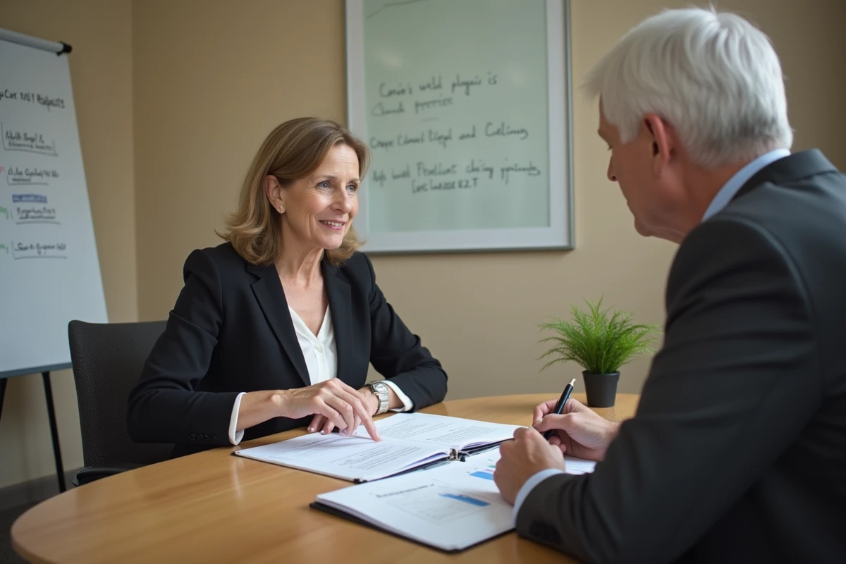 Femme en entretien de bilan de compétences avec une conseillère Pôle Emploi analysant une fiche métier ensemble
