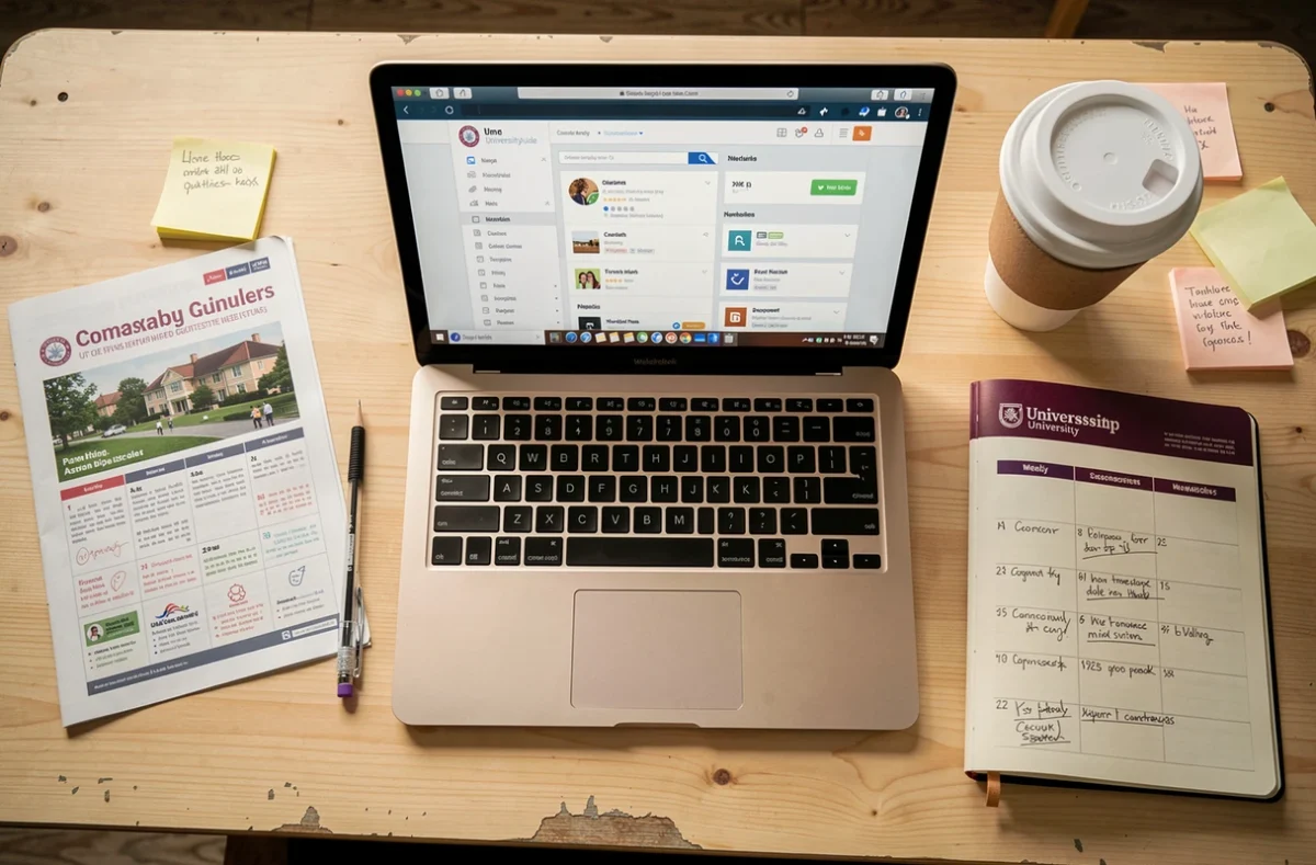 Vue de dessus d'un bureau étudiant avec un ordinateur portable ouvert sur PSB Learn et des outils d'organisation