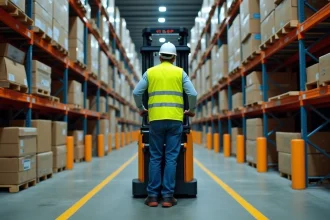 Cariste certifié CACES 1 3 manœuvrant un chariot élévateur dans un entrepôt logistique avec signalisation de sécurité au sol