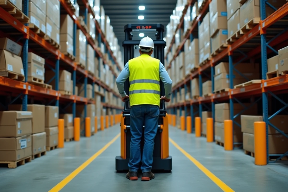 Cariste certifié CACES 1 3 manœuvrant un chariot élévateur dans un entrepôt logistique avec signalisation de sécurité au sol