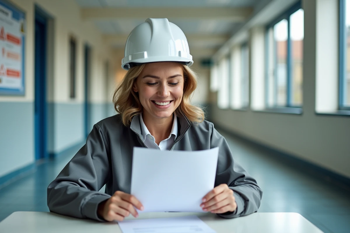 Femme lisant son certificat d'habilitation électrique Habilec dans un couloir d'établissement scolaire après avoir complété sa formation