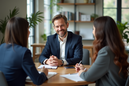 Coach professionnel en réunion avec collègues dans un bureau moderne