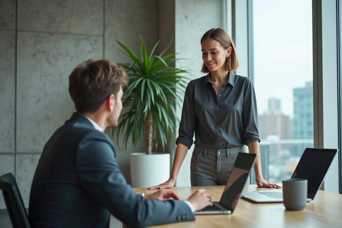 Femme cadre en coaching avec un jeune employé dans une salle de réunion