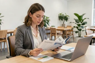Conseillère en orientation consultant un guide des codes ROME pour accompagner une personne dans son choix de carrière professionnelle