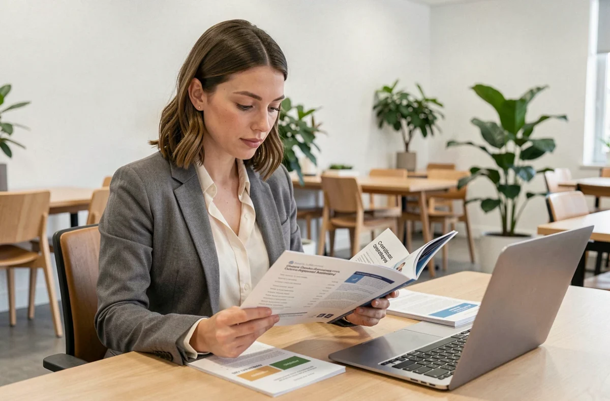 Conseillère en orientation consultant un guide des codes ROME pour accompagner une personne dans son choix de carrière professionnelle