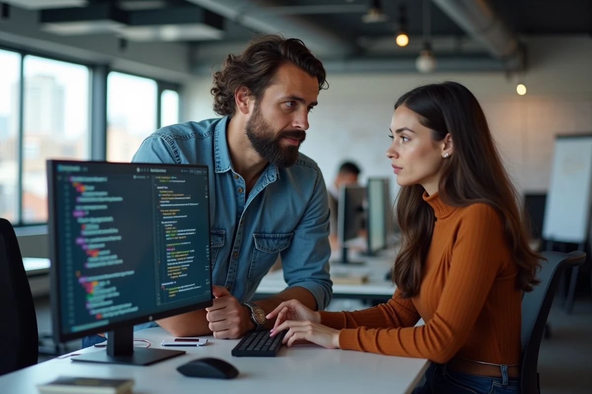 Deux développeurs collaborant sur le vibe coding avec un assistant IA dans un espace de travail moderne