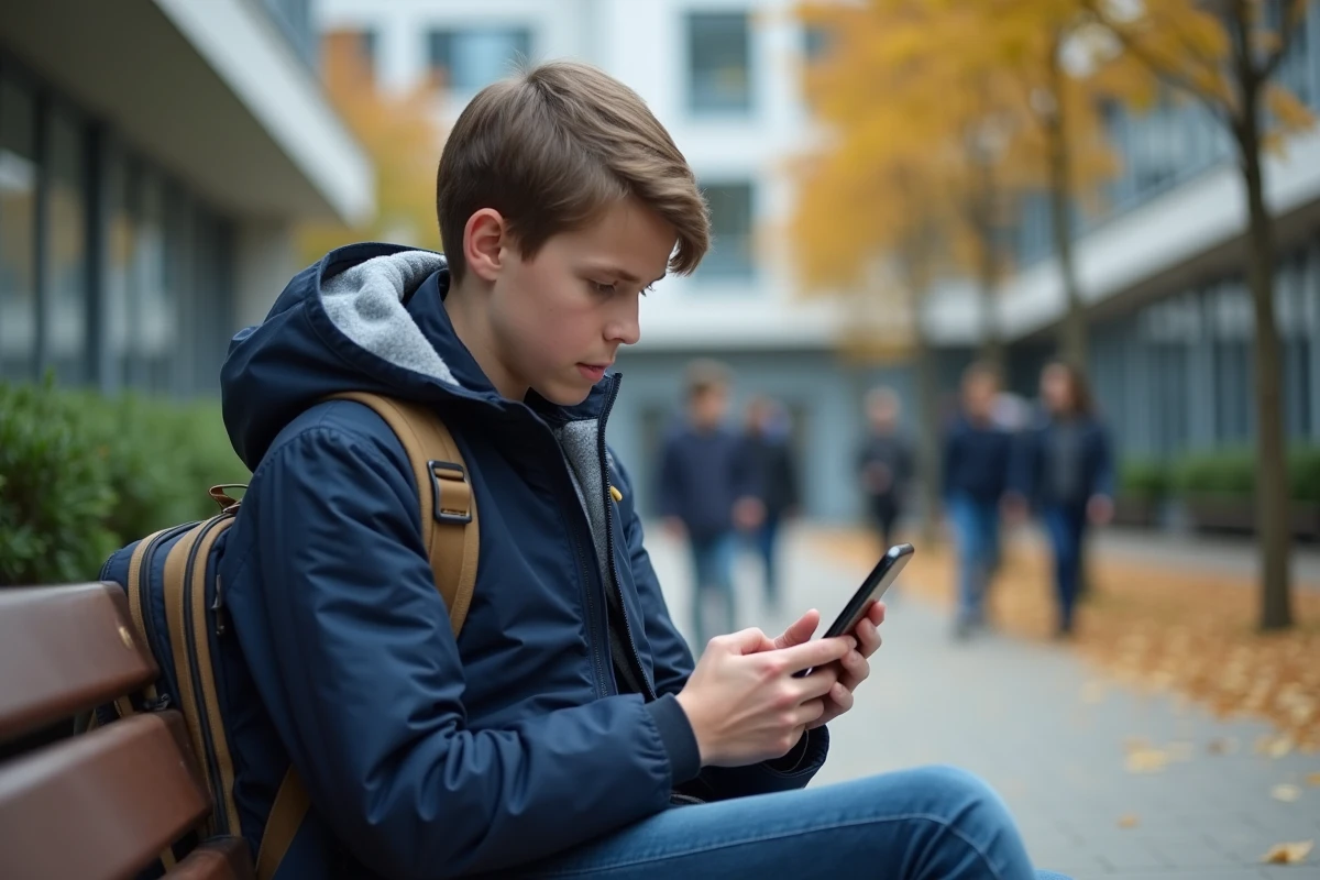 Collégien utilisant l'ENT college78 sur smartphone dans la cour de récréation