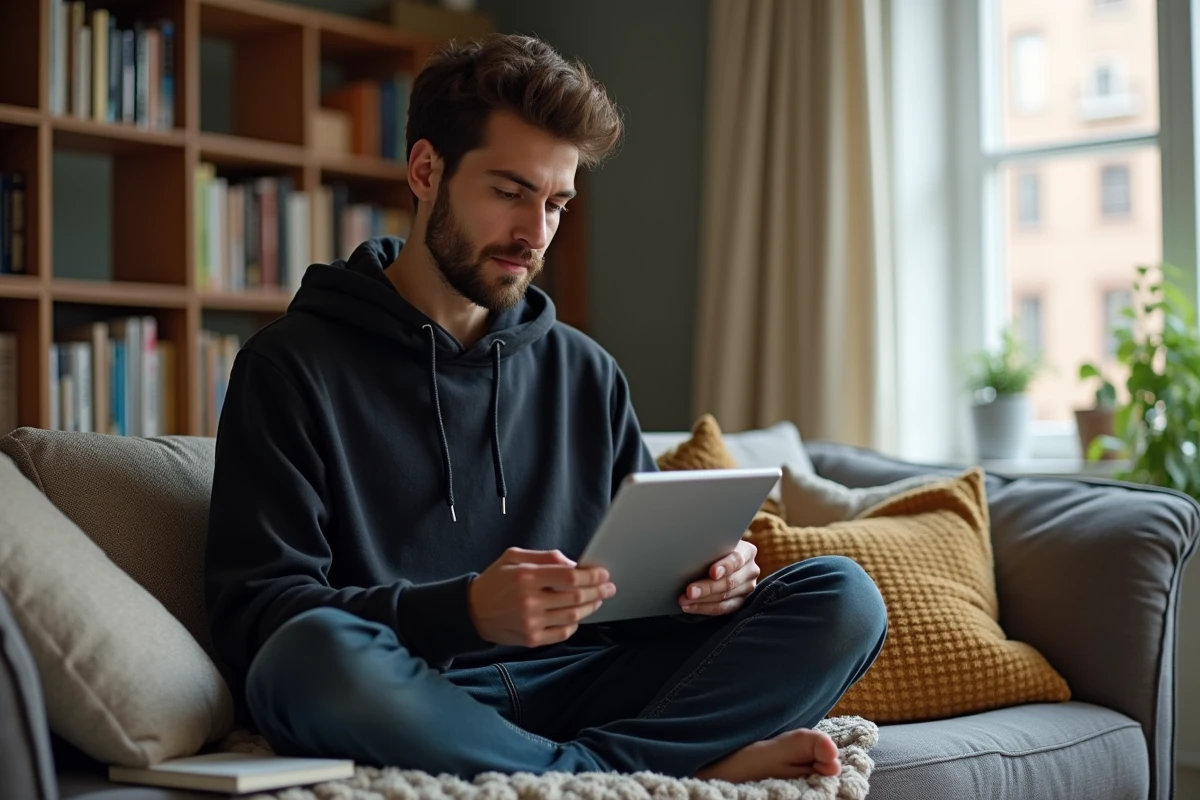 Jeune adulte comparant des avis sur des plateformes de mentorat depuis son canapé avec une tablette