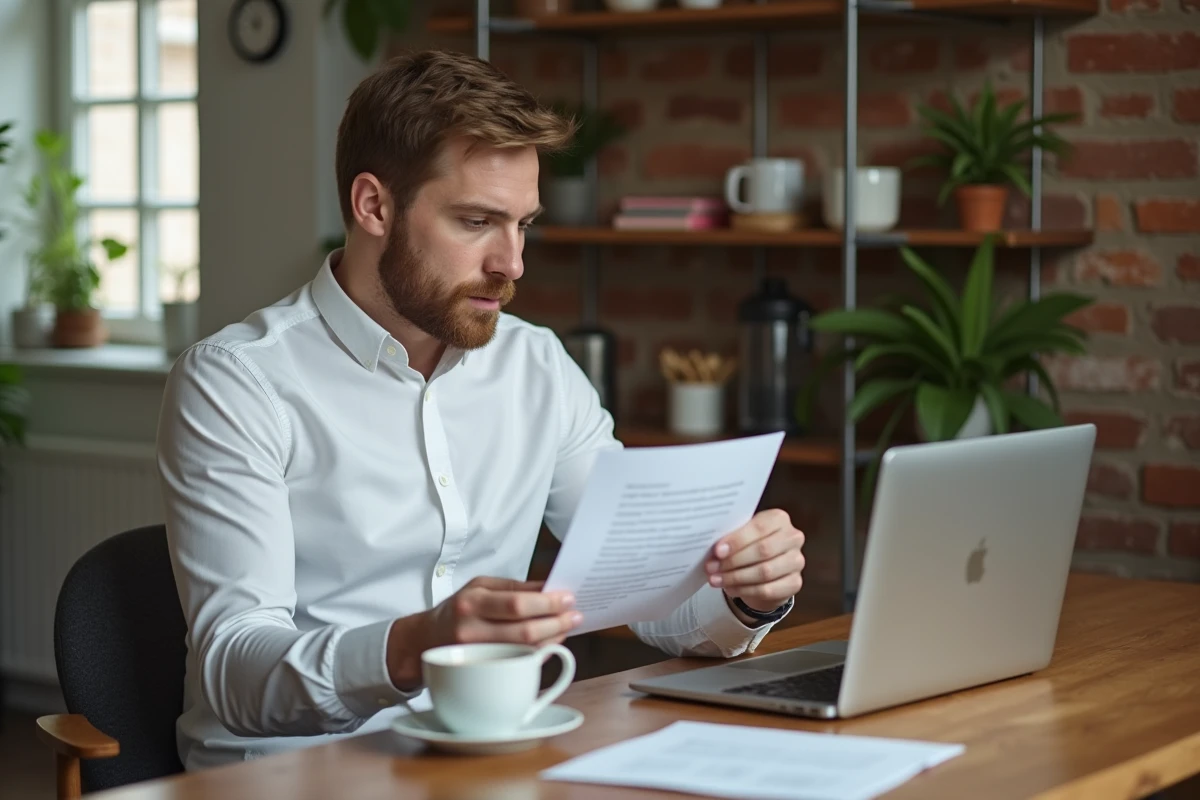 Homme en télétravail comparant deux versions d'une lettre de recommandation professionnelle sur ordinateur portable