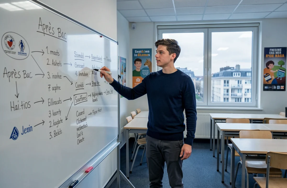 Étudiant en classe préparatoire comparant les voies d'accès à GOBELINS après le bac ou après une prépa artistique sur un tableau blanc
