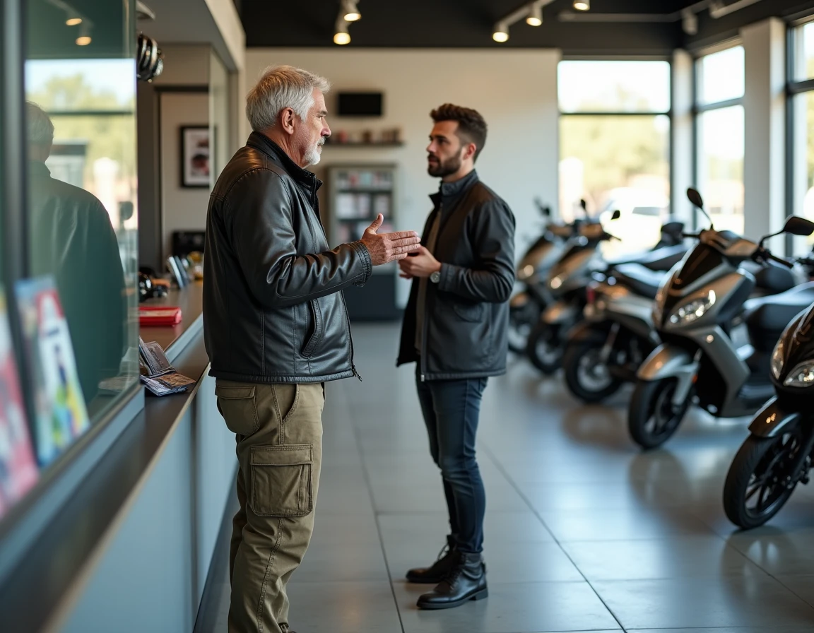 Homme de 55 ans se renseignant sur un scooter 125cc dans une concession moto avec son permis B
