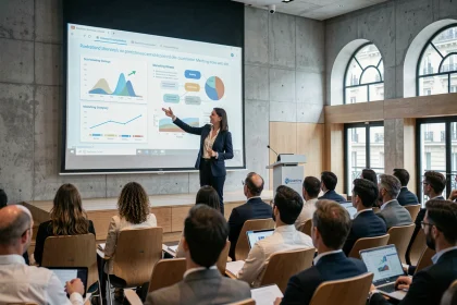 Présentatrice lors d'une conférence marketing digitale à Paris dans un auditorium moderne avec écran de présentation