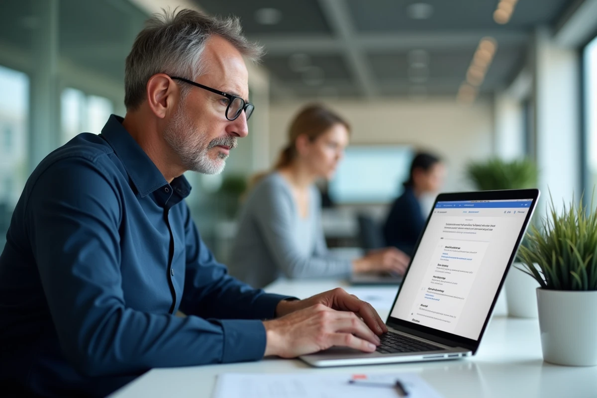 Homme configurant les notifications email d'un portail scolaire sur son ordinateur portable au bureau