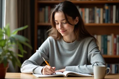 Jeune femme étudiant la conjugaison espagnole du verbe SER dans un carnet, assise à un bureau en bois entouré de livres de grammaire