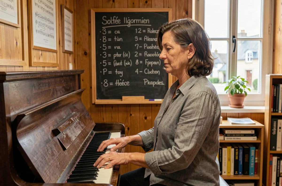 Une femme d'âge mûr jouant du piano droit dans une salle de cours chaleureuse du Conservatoire de musique Le 7 à Redon, avec tableau noir et partitions accrochées aux murs