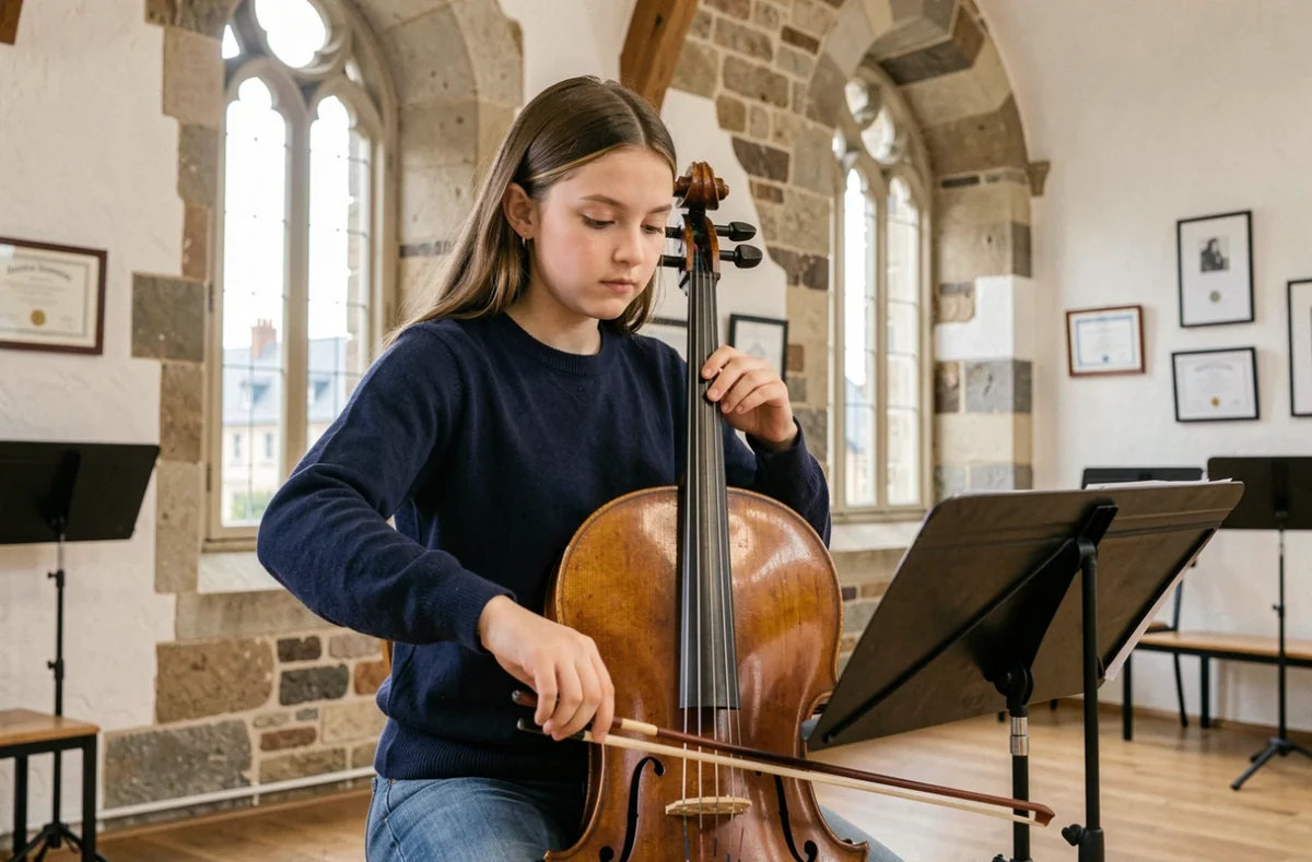 Une adolescente jouant du violoncelle dans la salle de répétition du Conservatoire à Rayonnement Communal de Saint-Malo, avec des murs en pierre et de grandes fenêtres en arc