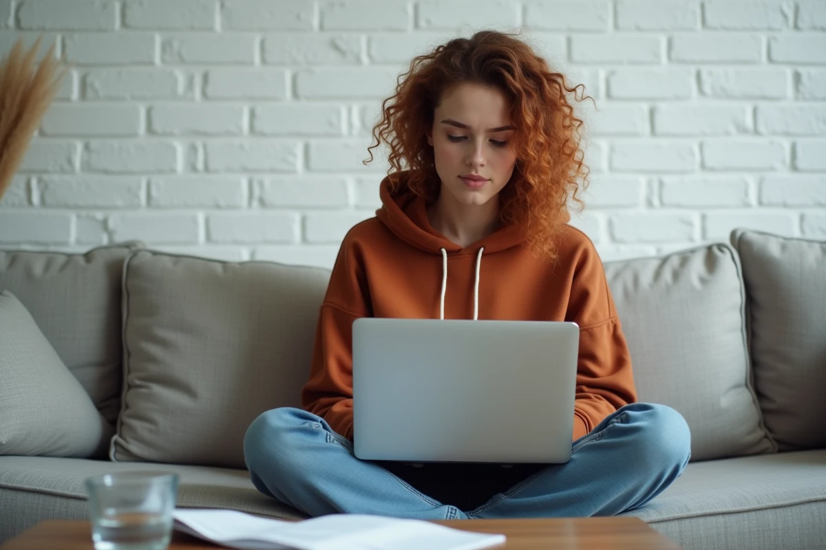 Jeune femme consultant un guide sur les connecteurs logiques sur son ordinateur portable depuis son canapé