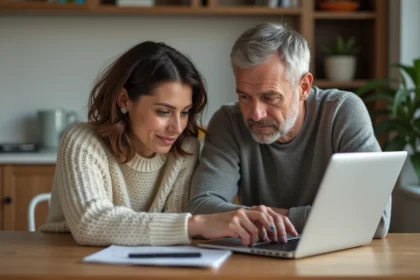 Couple assis à la table de cuisine à la maison