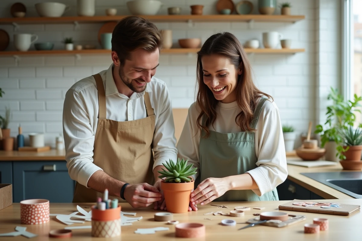 Couple réalisant un projet DIY créatif ensemble dans une cuisine d'appartement moderne