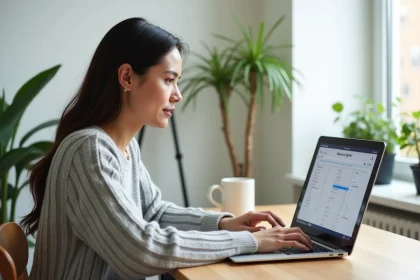 Femme créant son compte MyGEMA sur un ordinateur portable dans un bureau moderne à domicile