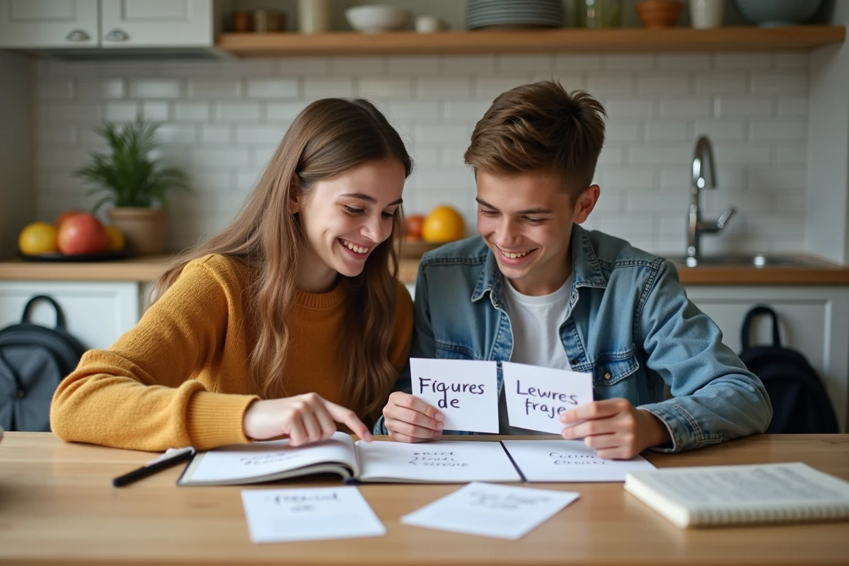 Deux lycéens révisant ensemble les figures de style avec des fiches dans une cuisine avant le Bac de français