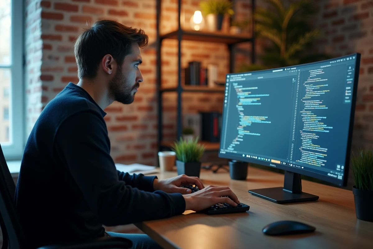 Développeur pratiquant le vibe coding sur un ultrawide monitor avec interface IA dans un bureau moderne