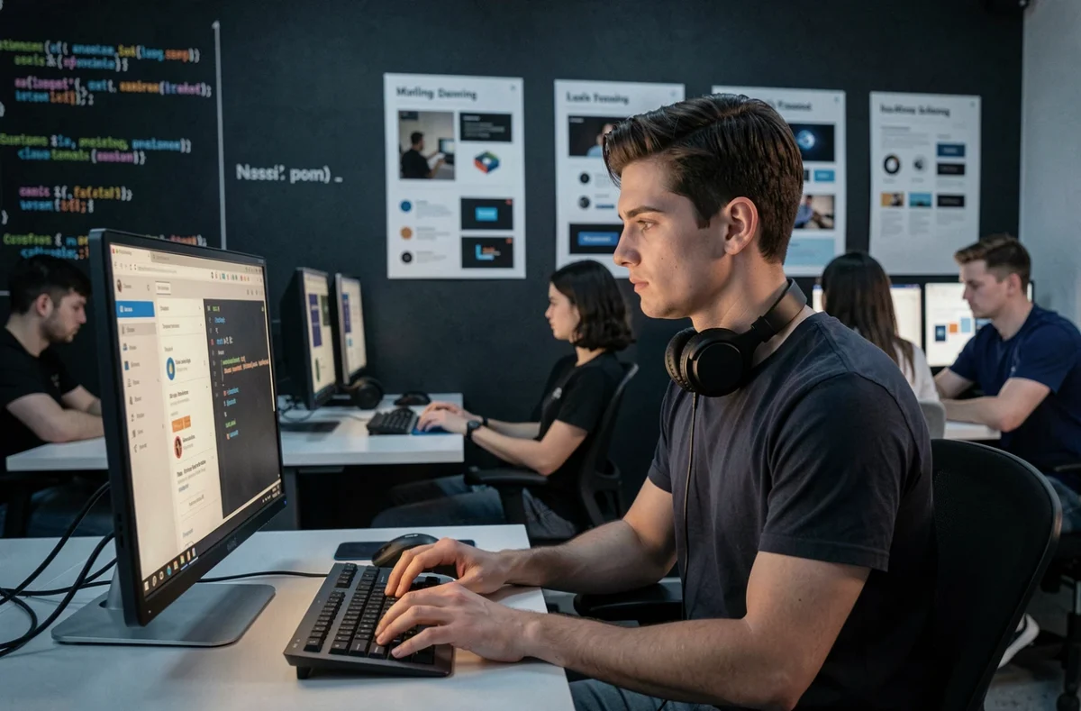Étudiant en formation numérique dans un laboratoire informatique moderne à la Digital School of Paris