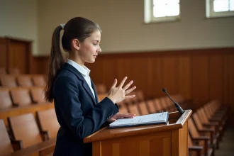 Jeune lycéenne présentant son discours de délégué de classe derrière un pupitre en bois dans un amphithéâtre scolaire