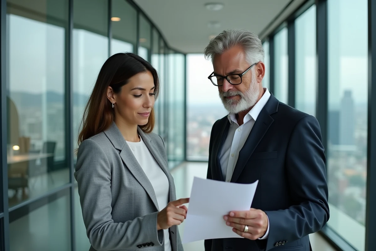 Deux collègues en entreprise discutant de la personnalisation d'un modèle de lettre de recommandation professionnelle