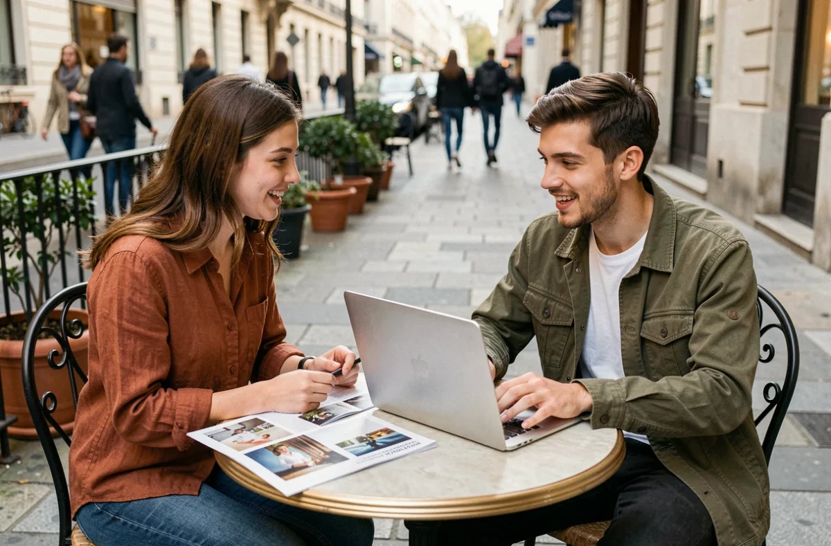 Deux étudiants discutant des options d'admission à GOBELINS entre candidature directe après le bac et passage par une classe préparatoire