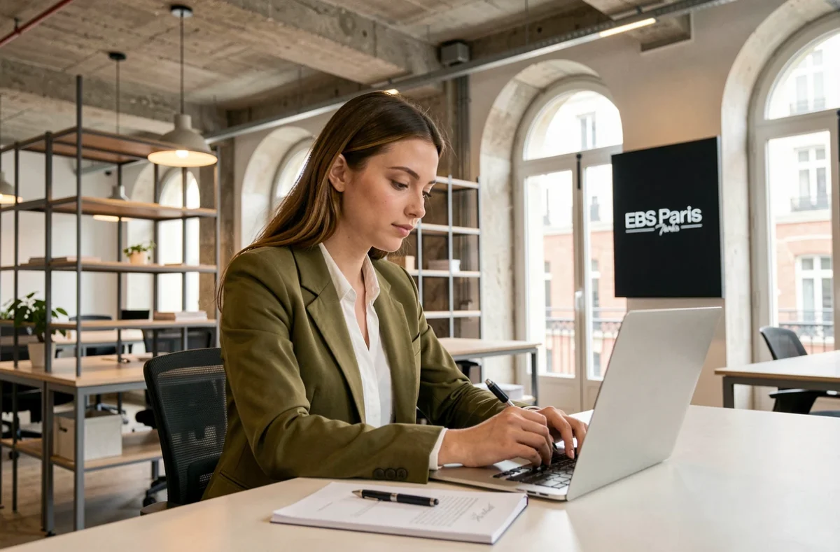 Étudiante travaillant sur son ordinateur dans l'espace de co-working du campus EBS Paris à Bordeaux