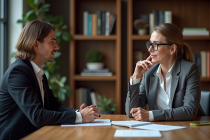 Femme en blazer écoute un homme en réunion de bureau
