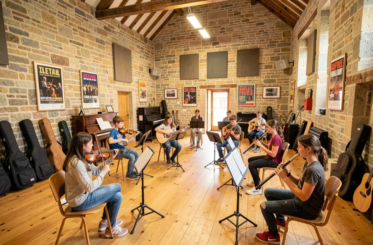 Vue panoramique d'une école de musique en Bretagne avec des élèves jouant divers instruments dans une grande salle de répétition aux murs en pierre